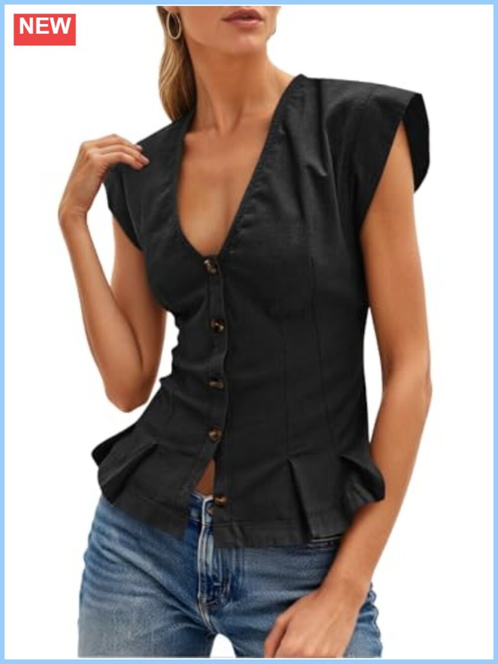 Womens 100% Cotton Cropped Ruffle Button Up Vest Top V Neck Blouse